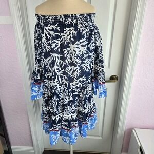 Debbie Katz Dori‎ Off-On Shoulder Boho Mini Dress Tunic Cover-up Navy size M